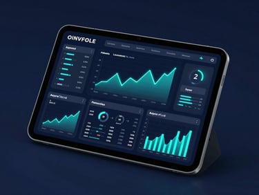 Sleek tablet mockup displaying a complex financial analytics dashboard, neon cyan graphs, dark mode interface, 3d render