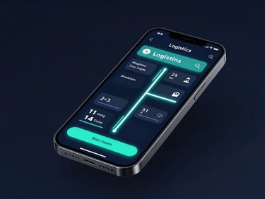 Sleek smartphone mockup showcasing a modern logistics tracking application, glowing route lines, dark midnight background, 3d render