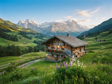 Vibrant travel photography, soft morning light, a cozy wooden cabin nestled in a green valley in Switzerland, 35mm look
