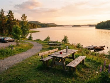 Vibrant travel photography, golden-hour light, a quiet rest stop with picnic tables overlooking a lake in Sweden, 35mm look