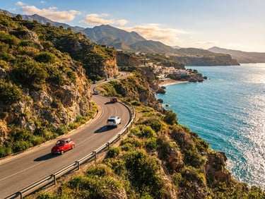 Vibrant travel photography, bright afternoon sun, a scenic coastal highway in Spain winding along cliffs, 35mm look