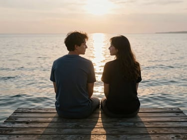 Asymmetric landscape frame — two partners seated close together on a weathered wooden dock, knees touching, faces turned toward each other in quiet conversation, late-day sun low on the water behind them casting long warm reflections, no eye contact with camera