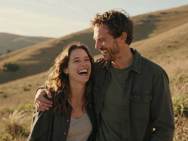 Candid outdoor portrait of a couple mid-laugh on a sunlit hillside, he has his arm around her, she is leaning into him completely naturally, warm late-day light, genuine unguarded expression