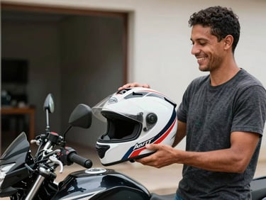 Real unpolished photo of a smiling Brazilian man holding a brand new motorcycle helmet next to his bike, natural daylight, authentic delivery moment.