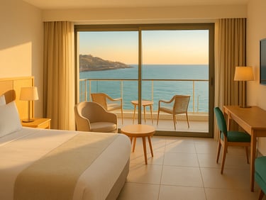 Bright editorial shot of a clean hotel interior overlooking the Mediterranean sea, natural golden-hour daylight, vibrant realistic colors, high clarity