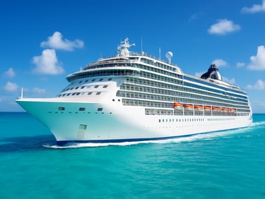 Bright wide-angle editorial shot of a modern white cruise ship sailing through turquoise Caribbean water, natural daylight, vibrant realistic colors, high clarity
