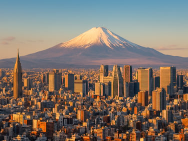 Bright wide-angle editorial shot of Mt Fuji behind Tokyo skyline, natural golden-hour daylight, vibrant realistic colors, high clarity