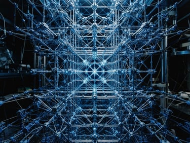 Abstract quantum lattice structure, cold blue light, sharp shadows, clinical laboratory illumination, 35mm