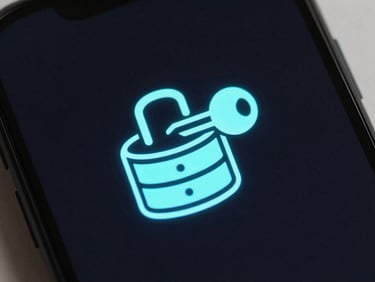 Sleek dark-mode tech photography, close-up of a secure encrypted database key icon glowing on an Android device screen, sharp focus