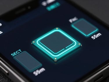 Sleek dark-mode tech photography, macro close-up of a mobile screen showing CPU core monitors with neon cyan highlights, sharp focus