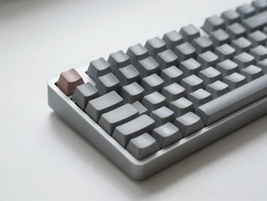 Minimalist product photography, macro shot of a sleek mechanical keyboard on a clean white desk, soft diffused overcast daylight, cool desaturated tones, sharp focus on a single key.