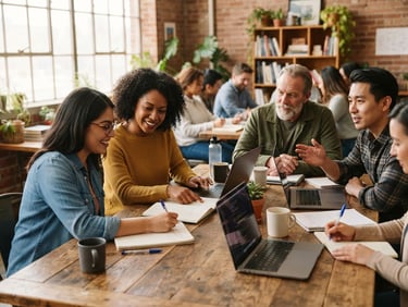 Warm editorial photography of a diverse adult learning environment, students collaborating around a wooden table with laptops and notebook drafts, bright natural window light, shallow depth of field.