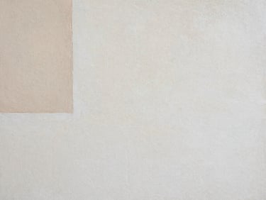 Close-up of a minimalist abstract painting on raw canvas, showing visible texture and subtle natural earth tones. Soft diffused daylight, architectural crop.