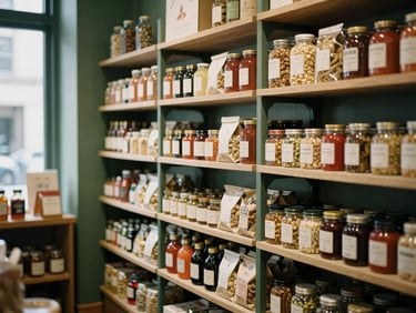 Interior shot of a charming boutique food market, shelves stocked with artisanal products, warm ambient lighting, inviting atmosphere, 35mm film