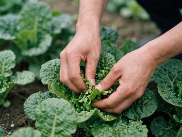 Hands harvesting fresh leafy greens in a field, soft overcast daylight, close-up, tactile, rich forest green tones, 35mm film