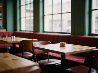 Cozy Scandinavian-style restaurant interior, warm natural window light, empty wooden tables, atmospheric, rich crimson and forest green tones, 35mm film