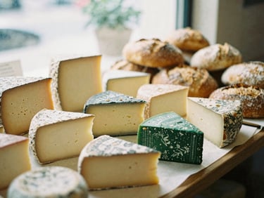 Boutique food market display of artisanal cheeses and fresh bread, natural light, crisp parchment tones, shallow depth of field, 35mm film