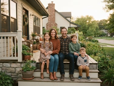 A warm, natural light photograph of a Midwestern family sitting on the porch of their comfortable new home, smiling together, 35mm.