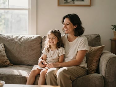 A smiling mother and her young daughter sitting together on a comfortable sofa in a sunlit living room, warm natural light, 35mm