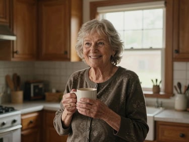 An older woman smiling warmly in her cozy kitchen, holding a mug, soft window light illuminating the room, authentic Midwestern setting