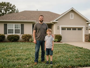 A proud father standing with his son in front of a charming suburban house with a green lawn, soft daylight, authentic moment
