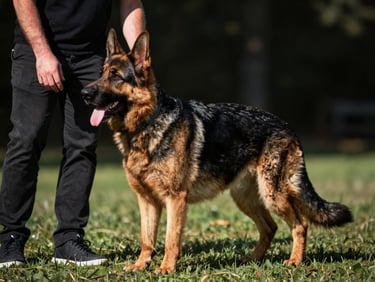 Hands-on dog training session with Robert Ferguson guiding a calm German Shepherd in a structured heel position, sharp action photography, high-contrast natural daylight.