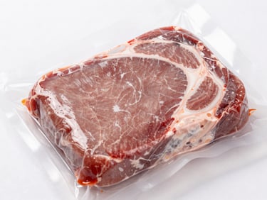 Close-up of clear high-barrier vacuum packaging showing the texture of premium meat, bright clinical light.