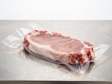 Vacuum-sealed raw pork chops on a clean stainless steel counter, bright cool studio lighting.