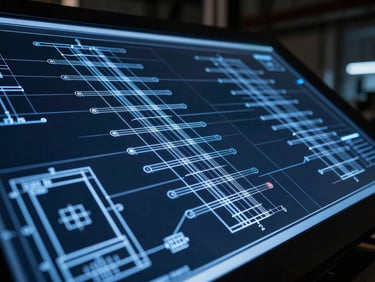 Close-up of technical CAD blueprints on a screen, cool blue lighting, precise lines, industrial background, 35mm.