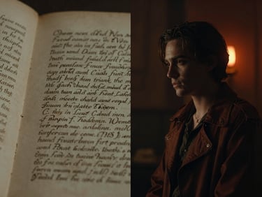 Dramatic split-screen showing a manuscript page on one side and a corresponding cinematic film still on the other, high-contrast, neon accents, rich moody tones, anamorphic lens