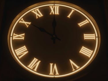 cinematic film still showing a stylized clock face with neon glow, dramatic chiaroscuro lighting, wide anamorphic aspect ratio
