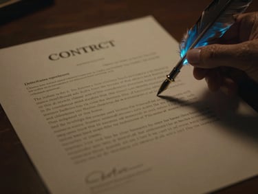 cinematic film still showing a stylized contract document with a quill pen and neon glow, dramatic chiaroscuro lighting, wide anamorphic aspect ratio