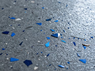 Macro shot of decorative flake floor coating texture, high-gloss finish, slate and blue flakes, sharp focus