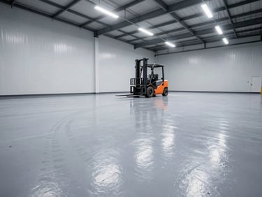 Low-angle wide shot of a pristine commercial warehouse floor with high-gloss gray coating, forklift tire marks absent, bright overhead industrial lighting, 35mm lens