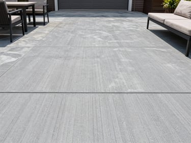 Outdoor patio concrete floor with a textured, UV-stable decorative coating, natural sunlight, clean modern outdoor furniture