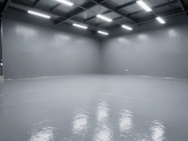 Wide-angle shot of a sleek modern commercial warehouse floor, high-gloss solid gray polyurea coating, bright overhead lighting