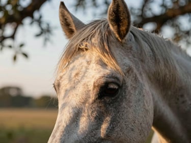 A close-up of a gentle horse's eye and textured mane, dappled sunlight filtering through live oak leaves, warm golden hour tones, soft focus background of open South Florida flatwoods.