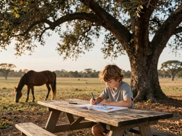 Candid, warm golden-hour photo of a child sitting on a wooden picnic table under a massive live oak tree, coloring a page, with a gentle horse grazing peacefully in the background.