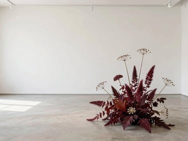 Bright editorial photography of an empty gallery-like space with a single sculptural arrangement of burgundy sanguisorba and seed heads, natural diffused daylight, clean neutral backdrops, 35mm.