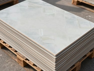 Wide overhead shot of large-format porcelain and ceramic tiles stacked on a factory pallet in bright even daylight, tile glaze variations visible across the stack surface