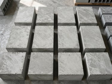 Overhead flat-lay of concrete masonry units and precast blocks arranged in a grid on a factory floor, even daylight from skylights, raw concrete texture sharp and unretouched