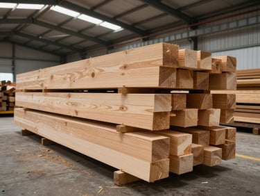Environmental wide shot of a timber mill interior, stacked engineered lumber boards under bright overhead factory lighting, wood grain clearly visible on cut ends