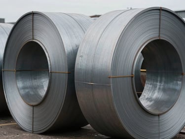 Close-up of cold-rolled steel coil ends in a supply yard under overcast daylight, metallic surface showing slight oxidation pattern and texture, industrial context visible behind