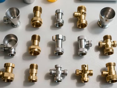 Overhead flat-lay of commercial sanitary fixtures and brass fittings on a neutral factory inspection surface under north-facing daylight, metal finish detail sharp and unretouched