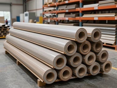 Wide factory floor showing vinyl plank and laminate flooring rolls stacked on industrial shelving under bright even warehouse lighting, product cross-section visible on cut ends