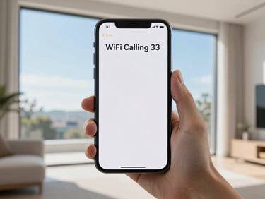 Smartphone screen displaying 'WiFi Calling' enabled, held in a hand inside a modern home, soft indoor light, 35mm
