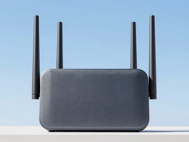 A sleek, modern mesh WiFi router unit against a clean background, crisp outdoor photography, bright natural daylight, sharp focus, 35mm