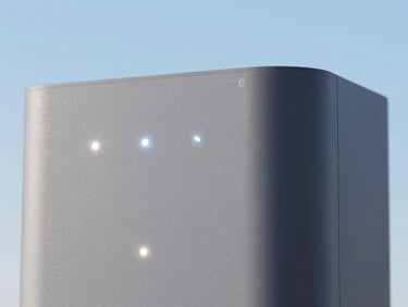 Close-up of a modern smart home hub device with several glowing indicator lights, clean background, crisp focus, 35mm
