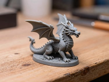 Macro shot of a highly detailed grey resin tabletop miniature dragon on a wooden work bench, shallow depth of field, warm workshop light
