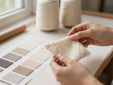 Hands of an artisan holding a small, custom-dyed wool yarn sample next to a color swatch from an interior design project. The background shows blurred natural light and hints of a traditional dyeing workshop. Soft natural light, warm editorial photography.